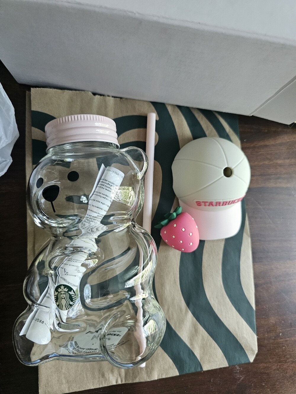 2026 Starbucks Bear Glass Bottle with Pink Lid and Hat Strawberry